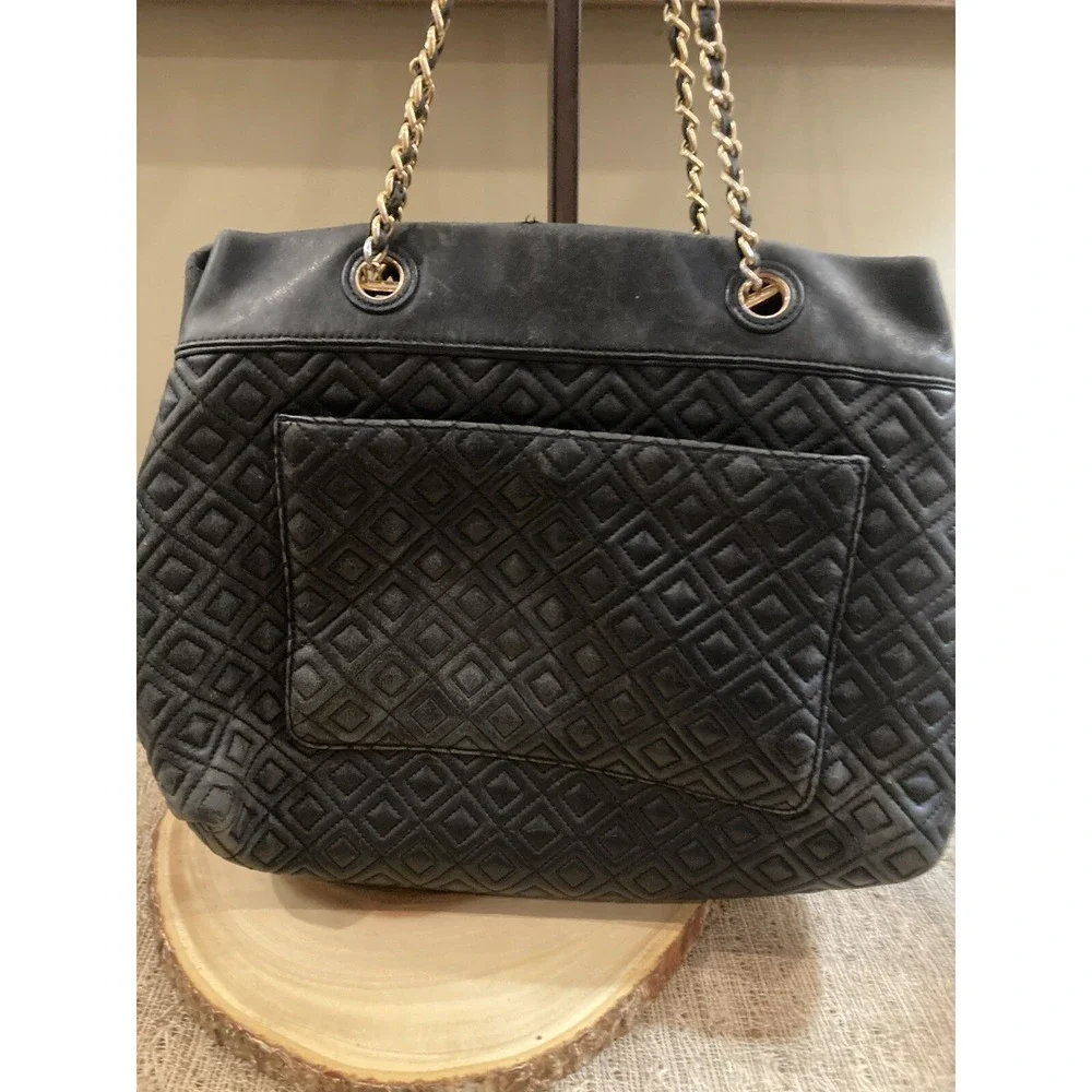 TORY BURCH QUILTED‎ FLEMING BLACK CHAIN TOTE BAG PURSE
